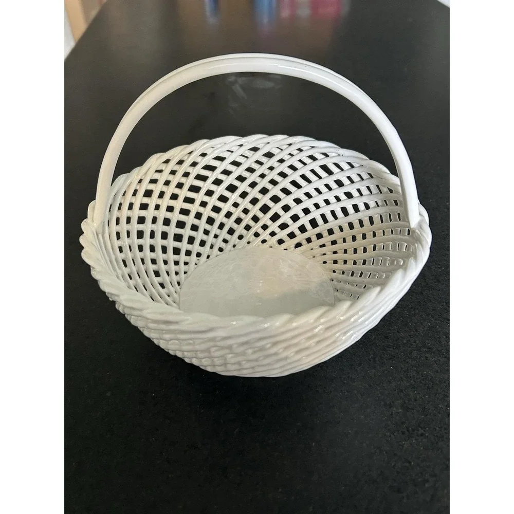 Vintage Portuguese white ceramic lattice basket